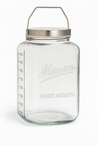 kitchentoolz Large 2 Gallon Glass Mason Jar with Big Airtight Metal Lid and Carry Handle – Wide Mouth Square Container with Measurements for Dry Goods, Bulk Storage, and Food Prep