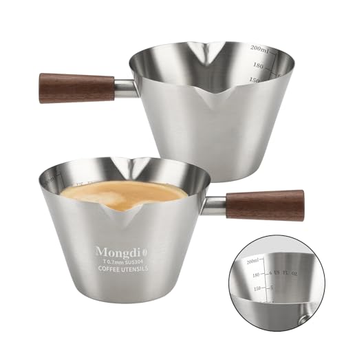 Mongdio 2 Pcs Espresso Measuring Cup, Stainless Steel Espresso Shot Cups with Wooden Handle and Double Spouts, 6.8OZ/200ML, Silver - color: Silver 2 pcs, size: 6.8oz
