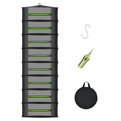 MEKOLIFE Herb Drying Rack Hanging-8 Layer, Collapsible Large Capacity Mesh Net with Green Zipper, Hooks & Bonus Garden Scissors, for Fresh Herbs/Flowers/Plants, Indoor Outdoor Use (23.62") - size: 8 Layers