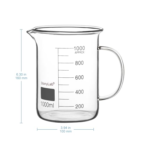stonylab Glass Beaker with Handle, Borosilicate Glass Graduated Low Form Griffin Beaker with Handle and Pouring Spout, 1000 ml - size: 1000 ml