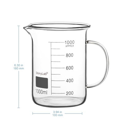 stonylab Glass Beaker with Handle, Borosilicate Glass Graduated Low Form Griffin Beaker with Handle and Pouring Spout, 1000 ml - size: 1000 ml
