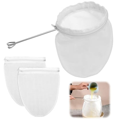 3Pcs Ultra Fine Mesh Reusable Strainer Bags with Stainless Steel Handle | Cheese Cloth Bag for Nut Milk, Juice Strainer, Fresh Cheese, Yogurt, 4.95"Wx9.6"D