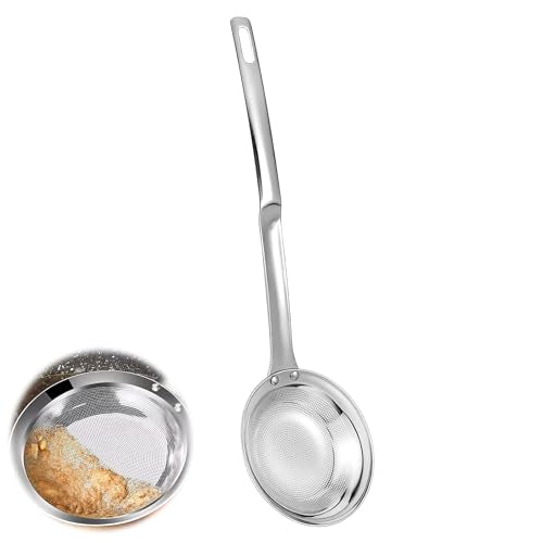 Fine Mesh Stainless Steel Colander Flat Hot Pot Fat Skimmer Fine Mesh Strainer Slotted Spoons with Handle Sieve Fines Meshes Colander Spoon Strainer for Kitchen Baking Oil Filter Kitchen Gadgets