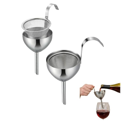 2 Pack 304 Stainless Steel Wine Funnel With Strainer Wine Strainer Wine Cork Strainer Removable Mesh Filter Anti Splash Decant Red Wine Remove Sediment Fill Oil Vinegar Sauce Bottles Filter Tea Coffee