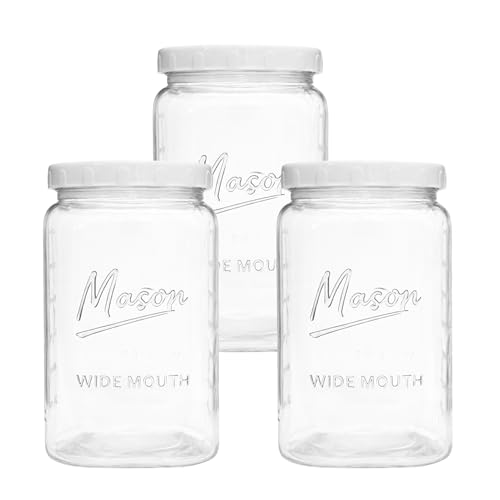 1 Gallon Glass Jars with Lids - Extra Large Mason Jars Wide Mouth with Airtight Plastic Screw On Lids - Square Glass Storage Containers with Measurements for Flour, Sugar, Cookies & Pickling, 3 Pack