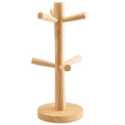 Happyupcity Wooden Mug Holder Tree Mug Rack with 6 Hooks Coffee Cup Holder Stand for Counter(Natural)