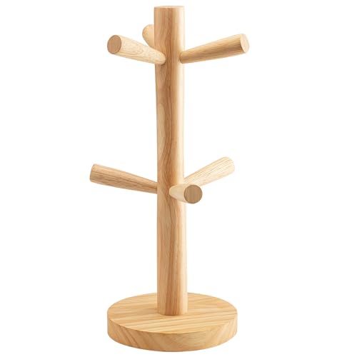 Happyupcity Wooden Mug Holder Tree Mug Rack with 6 Hooks Coffee Cup Holder Stand for Counter(Natural)