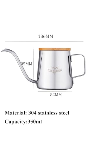MERMOO YILAN Pour Over Coffee Kettle with Wooden Lid 12oz Coffee Maker | 304 Stainless Steel|Stovetop Coffee Pot |Gooseneck Pouring Kettle|Dishwasher Safe|for Camping,Home,Travel,Office - color: Silver