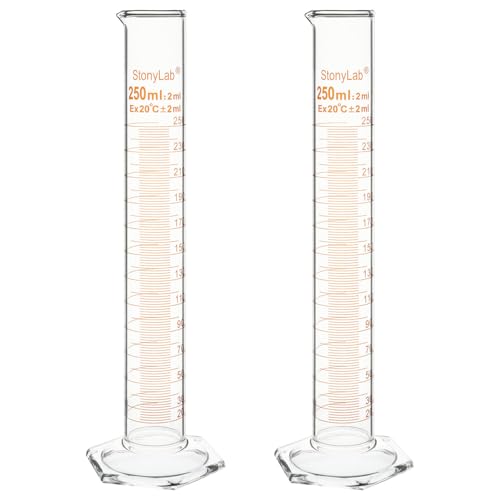 stonylab Graduated Cylinder, 2-Pack B Grade Borosilicate Glass Cylinder with Stable Hexagonal Base, 250 ml - size: 250 ml
