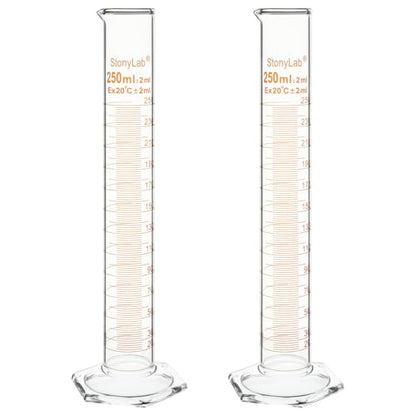 stonylab Graduated Cylinder, 2-Pack B Grade Borosilicate Glass Cylinder with Stable Hexagonal Base, 250 ml - size: 250 ml