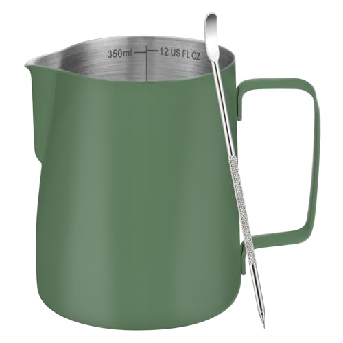 Amrules Milk Frothing Pitcher, 12 oz Milk Frother Cup with Clear Scale, 304 Stainless Steel Cappuccino Espresso Machine Accessories for Barista Coffee Bar with Latte Art Pen, Green - color: Green, size: 12 Ounces