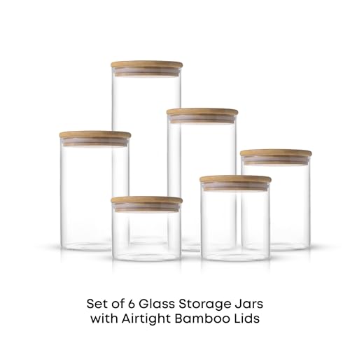 JoyJolt Borosilicate Glass Jars With Bamboo Lids. 6 Pc Set of Air Tight Sealable Containers. Food Jar Canisters with Airtight Lid for Pantry Storage and Kitchen Organization. - style: Bamboo Covers