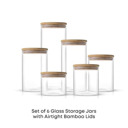 JoyJolt Borosilicate Glass Jars With Bamboo Lids. 6 Pc Set of Air Tight Sealable Containers. Food Jar Canisters with Airtight Lid for Pantry Storage and Kitchen Organization. - style: Bamboo Covers