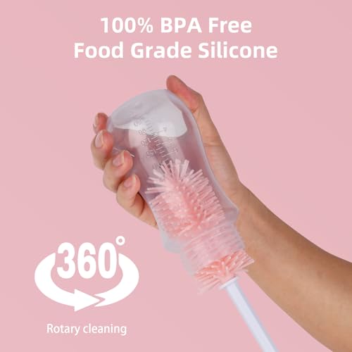 Silicone Bottle Brush Set, Baby Bottle Cleaning Kit with Silicone Brush, Nipple & Straw Brush - BPA-Free Dishwasher Safe Portable Bottle Cleaner - color: Pink