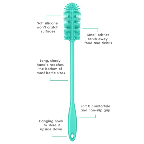 Silicone Bottle Brush, Water Bottle Cleaner Brush with Long Handle, Perfect for Cleaning Narrow Neck Containers, Vacuum Sports Bottle, Tumblers, Flask, Glassware (1 Pack, Teal) - color: Teal