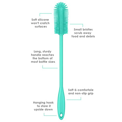 Silicone Bottle Brush, Water Bottle Cleaner Brush with Long Handle, Perfect for Cleaning Narrow Neck Containers, Vacuum Sports Bottle, Tumblers, Flask, Glassware (1 Pack, Teal) - color: Teal