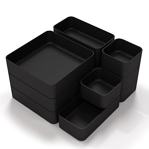 11-Piece Stackable Drawer Organizer Set, Multi-size Desk Drawer Organizer Trays Vanity Storage Bins for Storing Makeup, Stationery, Utensils in Bathroom Dresser, Office and Kitchen - color: Black