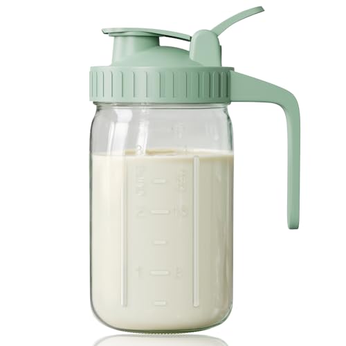 Breast Milk Pitcher, Mason Jar 32 oz, Heavy Duty Wide Mouth Jar with Green Flip Cap Lid and Pour Spout, Airtight Seal for Freshness and Convenience, Great for Cold Beverages and Home Entertaining - color: Green, size: 32 Ounces