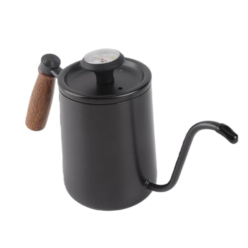 Pour Over Kettle with Thermometer, 304 Stainless Steel Drip Kettle 600ML, Long Spout Precise Control Wood Handle, for Home Coffee Tea Brewing Barista Use (Black) - color: Black