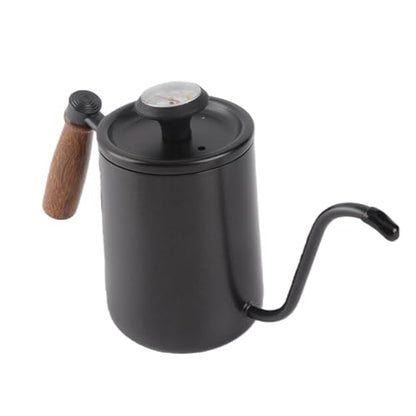 Pour Over Kettle with Thermometer, 304 Stainless Steel Drip Kettle 600ML, Long Spout Precise Control Wood Handle, for Home Coffee Tea Brewing Barista Use (Black) - color: Black