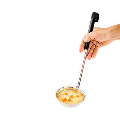 Restaurantware Met Lux 12 Ounce Soup Ladle 1 Hook Handle Serving Spoon - With Black Handle Dishwashable Stainless Steel Cooking Ladle For Pouring And Cooking Perfect for Soup Chilli Or Batter - size: 12 oz