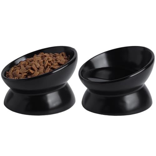 Elevated Ceramic Cat Bowl, 15° Tilted Raised Food & Water Dishes, Anti-Vomiting & Neck Protection Pet Feeder for Kittens, Small Dogs (5.2", Black, 1pc Set) - color: Black, size: 5Inch-1pc