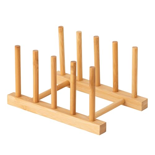 HBlife Bamboo Dish Plate Bowl Cup Book Pot Lid Cutting Board Drying Rack Stand Drainer Storage Holder Organizer Kitchen Cabinet（Keep Dry） - color: Bamboo 4 Slots 1pcs