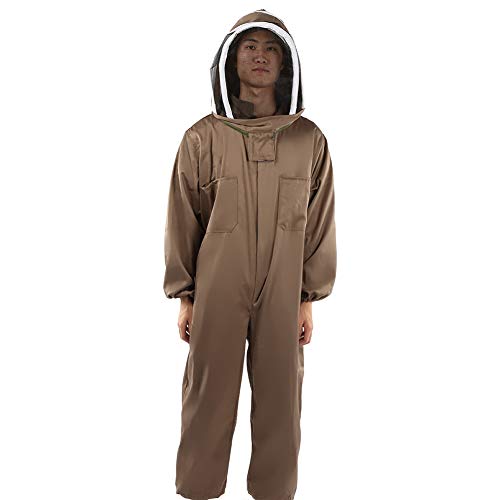 AYNEFY Beekeeping Protective Suit, One Piece Bee Suit for Beekeepers with High Definition Veil and Zipper, Light Brown Polyester Cotton Material, Foldable (XXL) - size: XXL