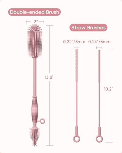 Silicone Cleaning Brush Kit,Water Bottle and Straw Cleaner Brush Set for Tumbler,Baby Bottle,Breast Pump Part,Nipple,Sippy Cup,Glass,Dishwasher Safe,BPA Free,3 Pcs - color: Pink