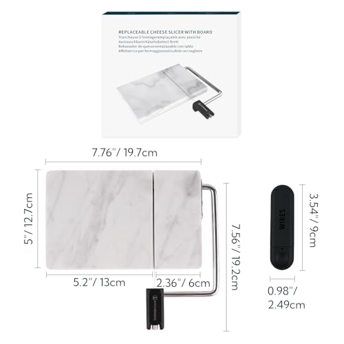 KITCHENDAO Replaceable Wire Cheese Slicer with Board, Tightness Adjustable Cheese Slicer, Marble Cheese Cutter for Block Cheese, Easy to Replace, with 2 Extra Upgrade Strong Wires