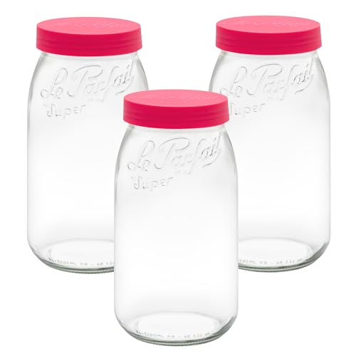 Le Parfait Eco-Friendly Zero Waste Wide Mouth Glass Jar with Airtight Screw Top Lid - Reusable French Storage Jar for Food, Soup, Flour, Sugar, Canning & Baking (3L/96oz, 3 Pack, Raspberry) - color: 3L-Raspberry (Set/3)