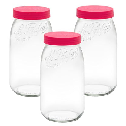 Le Parfait Eco-Friendly Zero Waste Wide Mouth Glass Jar with Airtight Screw Top Lid - Reusable French Storage Jar for Food, Soup, Flour, Sugar, Canning & Baking (3L/96oz, 3 Pack, Raspberry) - color: 3L-Raspberry (Set/3)