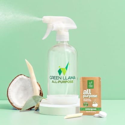 Green Llama Eco-Friendly All-Purpose Cleaning Spray | 16oz Glass Bottle, 3 Refill Tablets | Lemon Grass Scent | Natural, Sustainable, Safe for Home Surfaces | Ideal for Eco-Shoppers - style: Bottle with 3 Refill