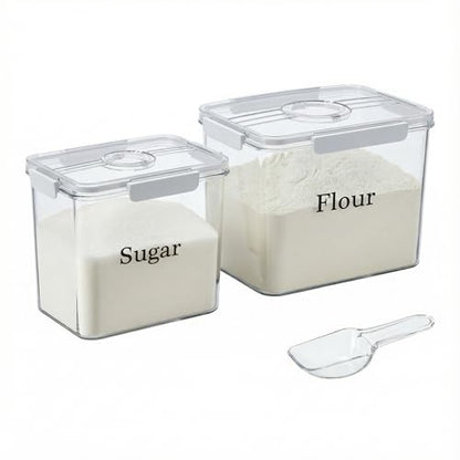 2 Pack Flour Sugar Storage Container,Plastic Food Storage Containers with Airtight Lids,Canisters Sets for The Kitchen,Sugar,Flour,Cereal,Baking Supplies,Rice,Pantry Organization Bin(5.2&2.9L)