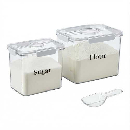 2 Pack Flour Sugar Storage Container,Plastic Food Storage Containers with Airtight Lids,Canisters Sets for The Kitchen,Sugar,Flour,Cereal,Baking Supplies,Rice,Pantry Organization Bin(5.2&2.9L)