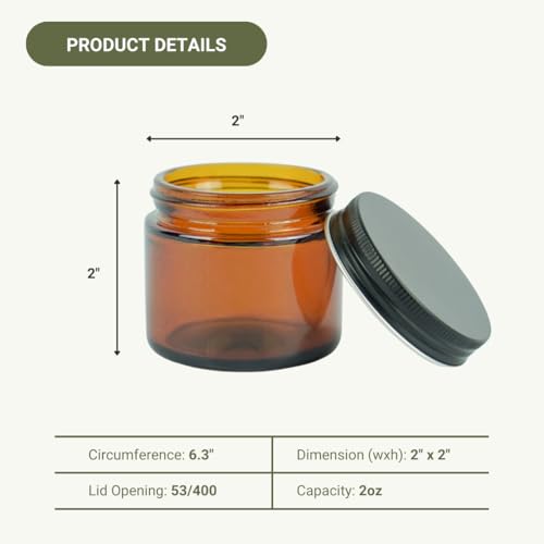 Glass Amber 2oz Jar - 12 Packs, Lead-Free Empty Round Jars For Beauty Products, Lotion, and Powders - Black Lid - Small Candle Jars - size: 2oz