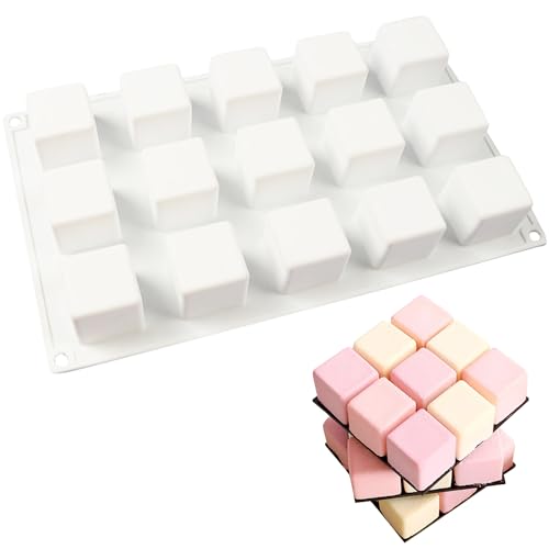 OCPO Kitchen 3D Cube Silicone Mold for Baking Mousse Cake, Square Baking Molds for Chocolate Candy Pastry Truffle Cupcake Jelly Cookie Pudding, Square Shape (15-Cavity) - style: Small Cube (15-Cavity)