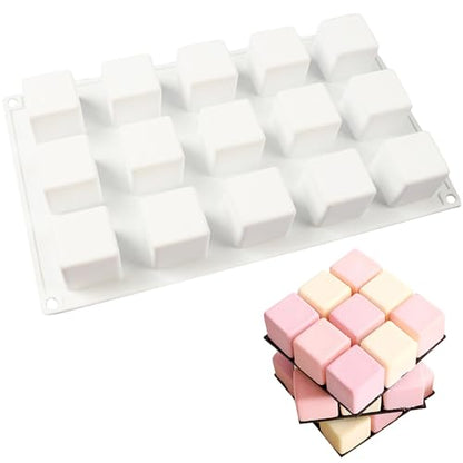 OCPO Kitchen 3D Cube Silicone Mold for Baking Mousse Cake, Square Baking Molds for Chocolate Candy Pastry Truffle Cupcake Jelly Cookie Pudding, Square Shape (15-Cavity) - style: Small Cube (15-Cavity)