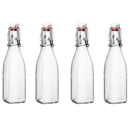 Bormioli Rocco Swing Top Glass Bottle (Set of 4) - 8.5 oz Reusable Container with Secure Metal Clasp, Ideal for Homemade Juices, Oil Infusions, Condiments, Mixers - Everyday Drinking Glasses - size: 8.5 Oz.