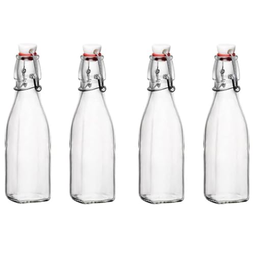 Bormioli Rocco Swing Top Glass Bottle (Set of 4) - 8.5 oz Reusable Container with Secure Metal Clasp, Ideal for Homemade Juices, Oil Infusions, Condiments, Mixers - Everyday Drinking Glasses - size: 8.5 Oz.