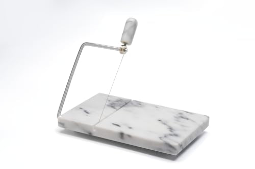 Marble Cheese Slicer for Block Cheese, 5" x 8" White Marble Cheese Board and Cutter with 2 Replacement Stainless Steel Wires, Heavy Duty Cheese Slicer Kit for Home Kitchen and Charcuterie