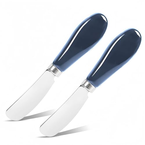 Butter Spreader Knife Set, 2-Pack Stainless Steel Cheese and Butter Knives with Ceramic Handle, Dishwasher Safe, for Soft & Hard Cheese, Jam, Cold Butter (Navy Blue) - color: Navy Blue