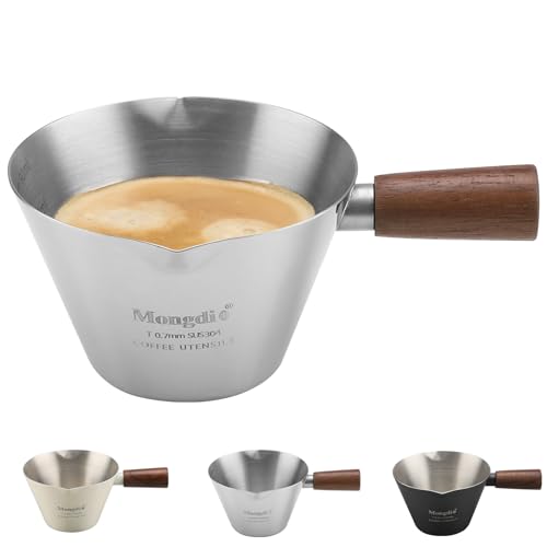 Mongdio Espresso Measuring Cup, Stainless Steel Espresso Shot Cups with Wooden Handle and Double Spouts, 3.4OZ/100ML, Silver - color: Silver, size: 3.4oz