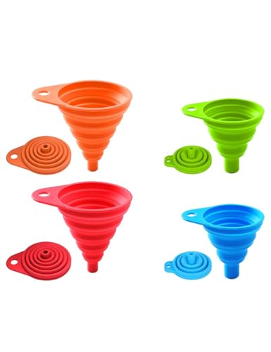 Collapsible Silicone Kitchen Funnels, 4 Pack Food Grade Foldable Funnel Set, 2 Small & 2 Large Funnels for Kitchen Use Filling Bottles, Canning, Cooking, and Water Powder Transfer