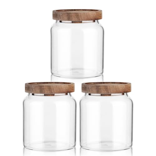 Labina Glass Storage Container Airtight Food Jars Kitchen Canister with Wood Lids, 20 Oz Wide Mouth Pantry Organization Glass Jar for Flour, Sugar, Cookie, Spagetti, Nuts and Candy (3 Pack) - size: A3: 20 Oz 3 pcs