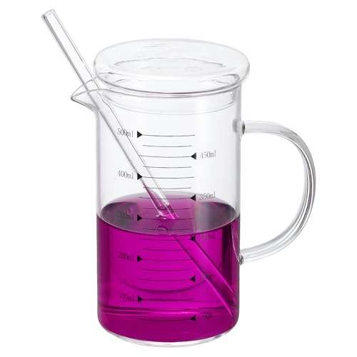 PATIKIL 500ml Glass Measuring Cup, Borosilicate Glass Beaker Graduated Liquid Measure Cups with Glass-Lid Straw V-Shaped Spout for Kitchen Drinking Restaurant, Black Printed Scale - color: Black Scale, size: 500ml