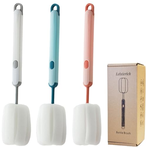 Bottle Brush Long Handle Cup Cleaner Brush Sponge Bottle Scrubber Detachable Handle Portable Sponge Cleaning Brush for Cups Wine Glasses Water Bottles Baby Bottles and Vacuum Flasks(3 PCS) - color: White, Blue, Pink