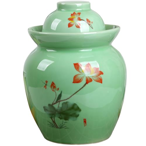 MRYBD Ceramic Pickle Jar With Water Seal,Kimchi Containers, Fermentation Jar, Fermentation Jars Ceramic Pots, Sealed Fermentation Jars With Lids, Sauerkraut Crock green-0.6L - color: green, size: 0.6L