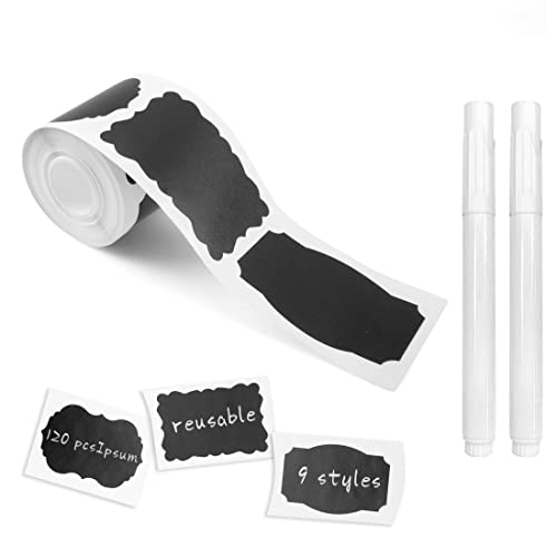 Chalkboard Labels, 120 Pcs Black Reusable Waterproof Labels Stickers with 2 White Chalk Markers, Kitchen Pantry Sticker Labels for Containers, Mason Jars, Condiments, Food Storage (Hybrid) - style: Hybrid