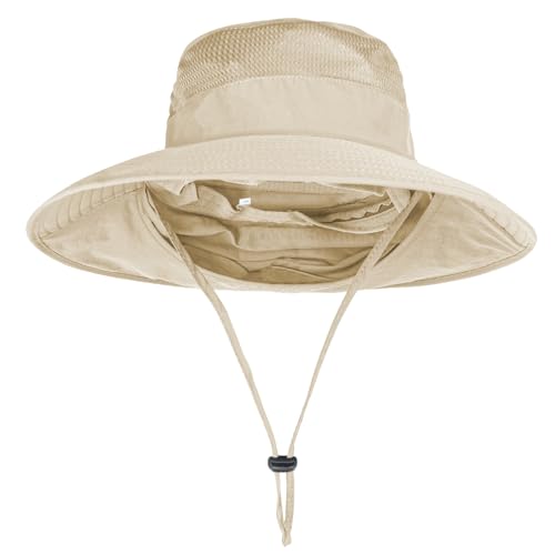 Sun Hats for Men Women Fishing Hat UPF 50+ Breathable Wide Brim Bucket Hats Summer UV Protection Safari Hat with Neck Flap - color: Beige